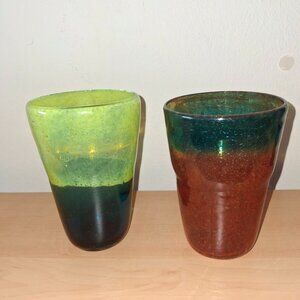 Set of 2 Vintage Mexican Hand Blown Multicolor Glass Tumblers
